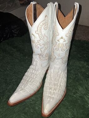 White Embossed Croc Cowboy Boots with Gold Stitching